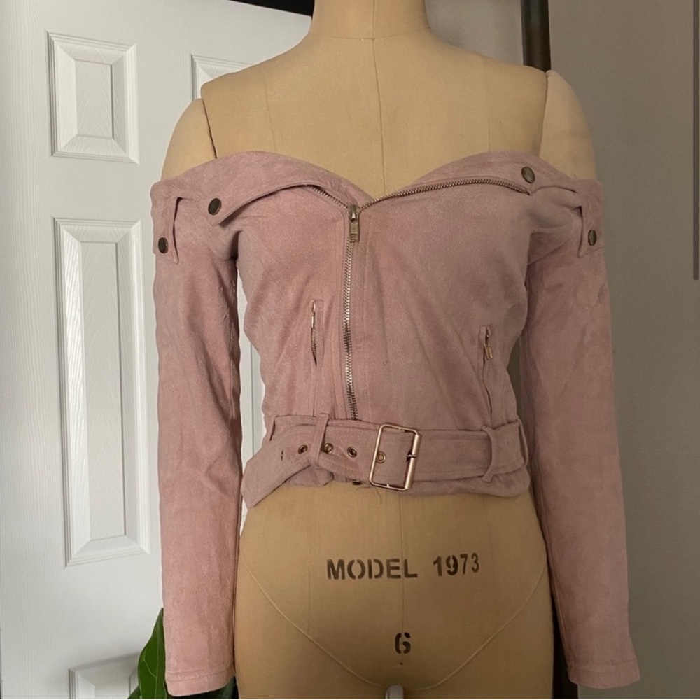 Suede feel pink motorcycle style top by fashion nova size small and worn once